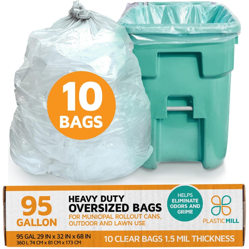 PlasticMill Heavy Duty Clear Garbage Bags for Large Rolling Bins - 95-Gallon, 1.5 Mil, 61"x68" (10-Count) - Image 1